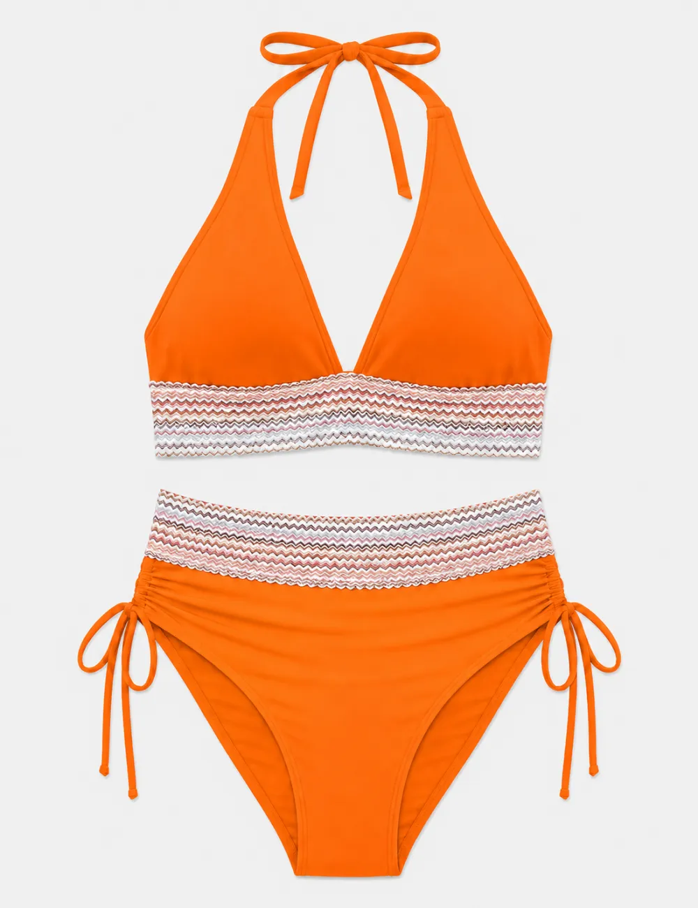 Deep V Neck Colorful Zigzag Smocked Trim Bikini Set