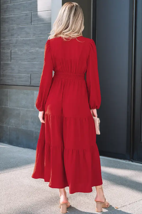 Contrast Embroidered Detail Cinched Waist Tiered Long Sleeve Maxi Dress
