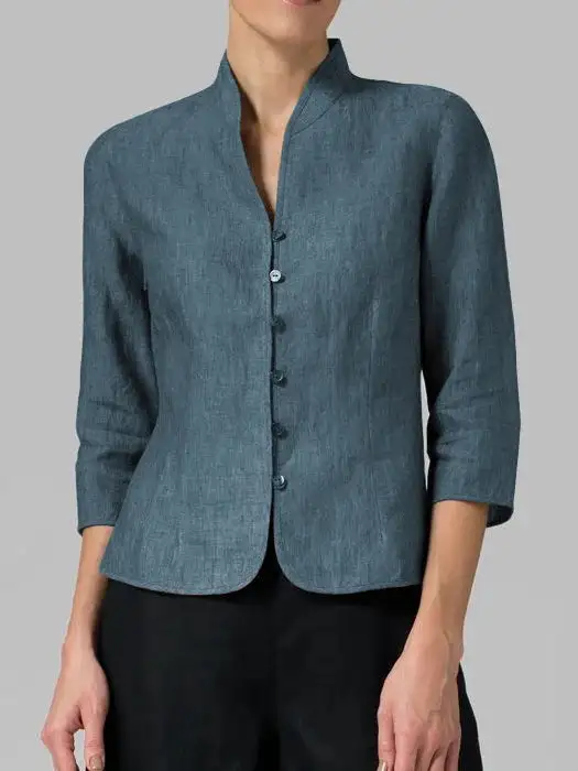 Linen Band Collar Blouse