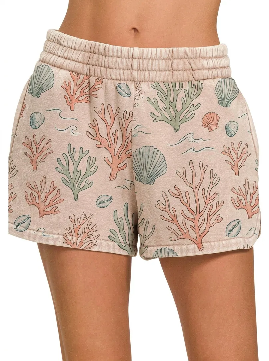 Women's Beach Vacation Coral Seashell Printed Shorts