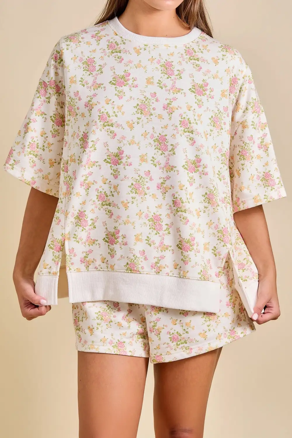 Women's Floral Print Short Sleeve Elastic Waist Pocket Two Piece Set