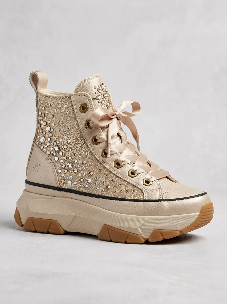 Floral Lace-Detail Lace-Up Geometric Women's Rhinestone Platform Shoes