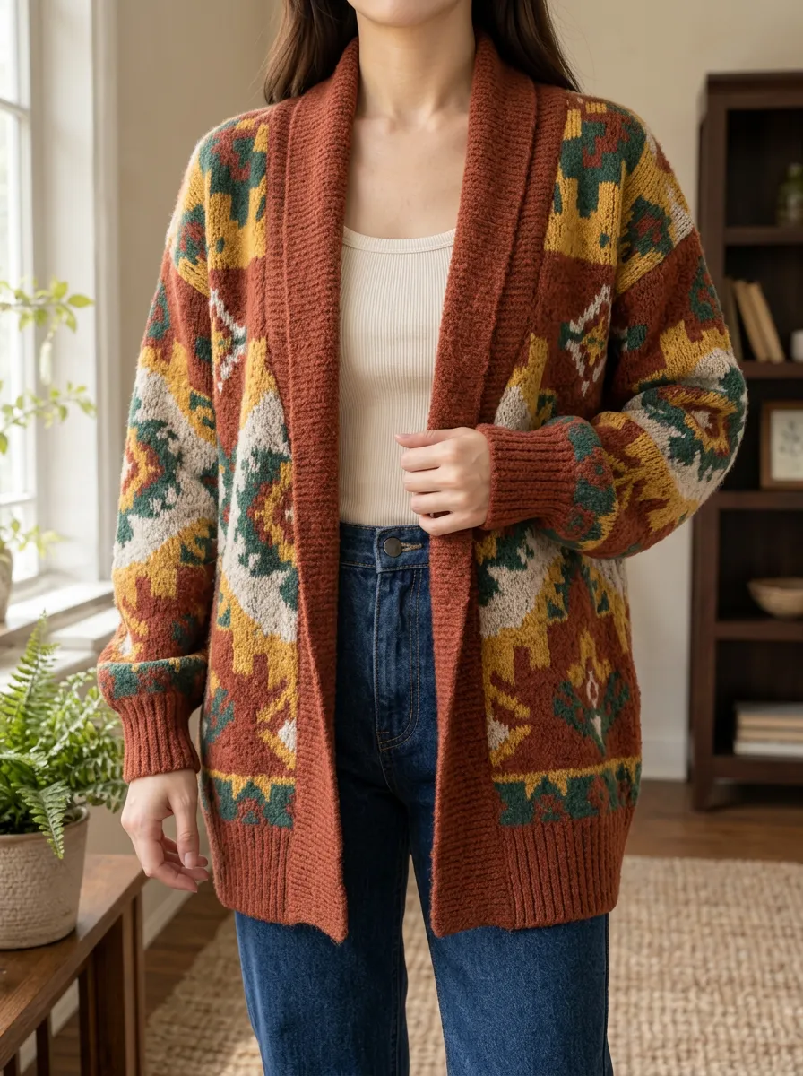Women's Boho Geometric Pattern Printed Cardigan