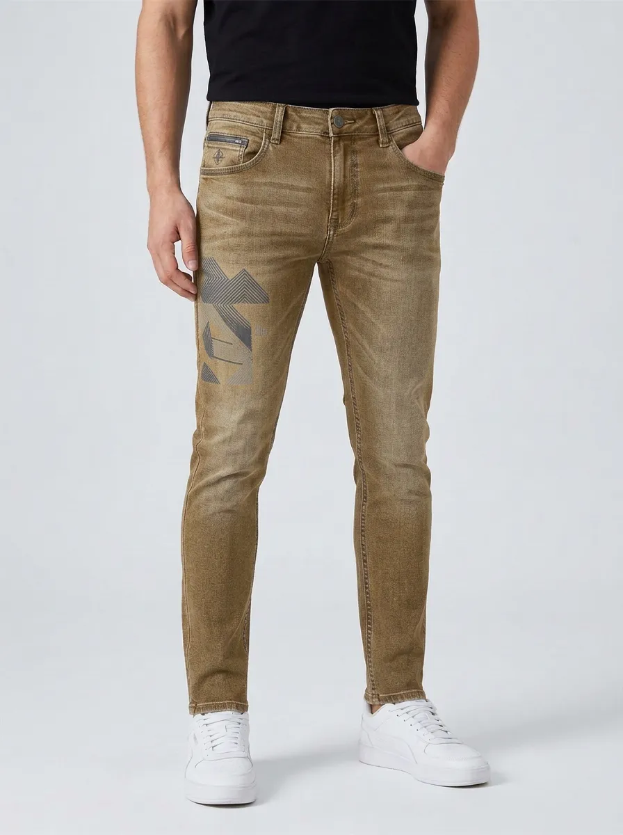 Men's Mid-Blue Geometric Pattern Slim Fit Jeans