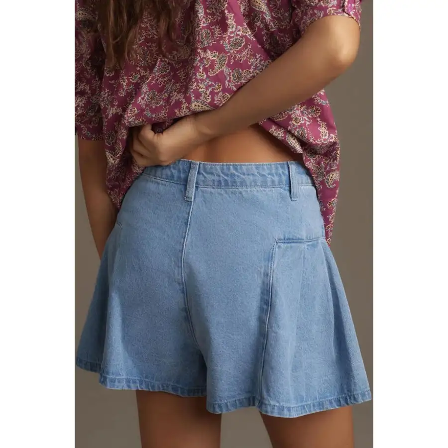 Pleated Patchwork Panel Lightweight Denim Shorts
