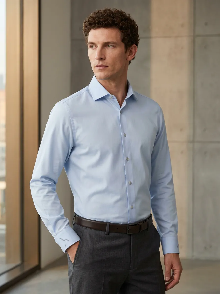 Men's Business Casual Non-Iron Cotton Light Blue Dress Shirt