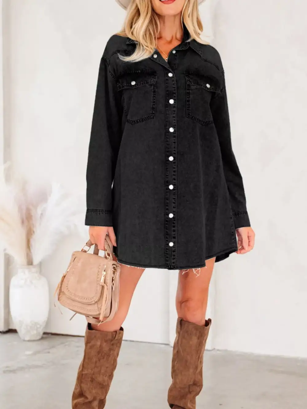 Smooth Finish Denim Pocketed Shirt Dress