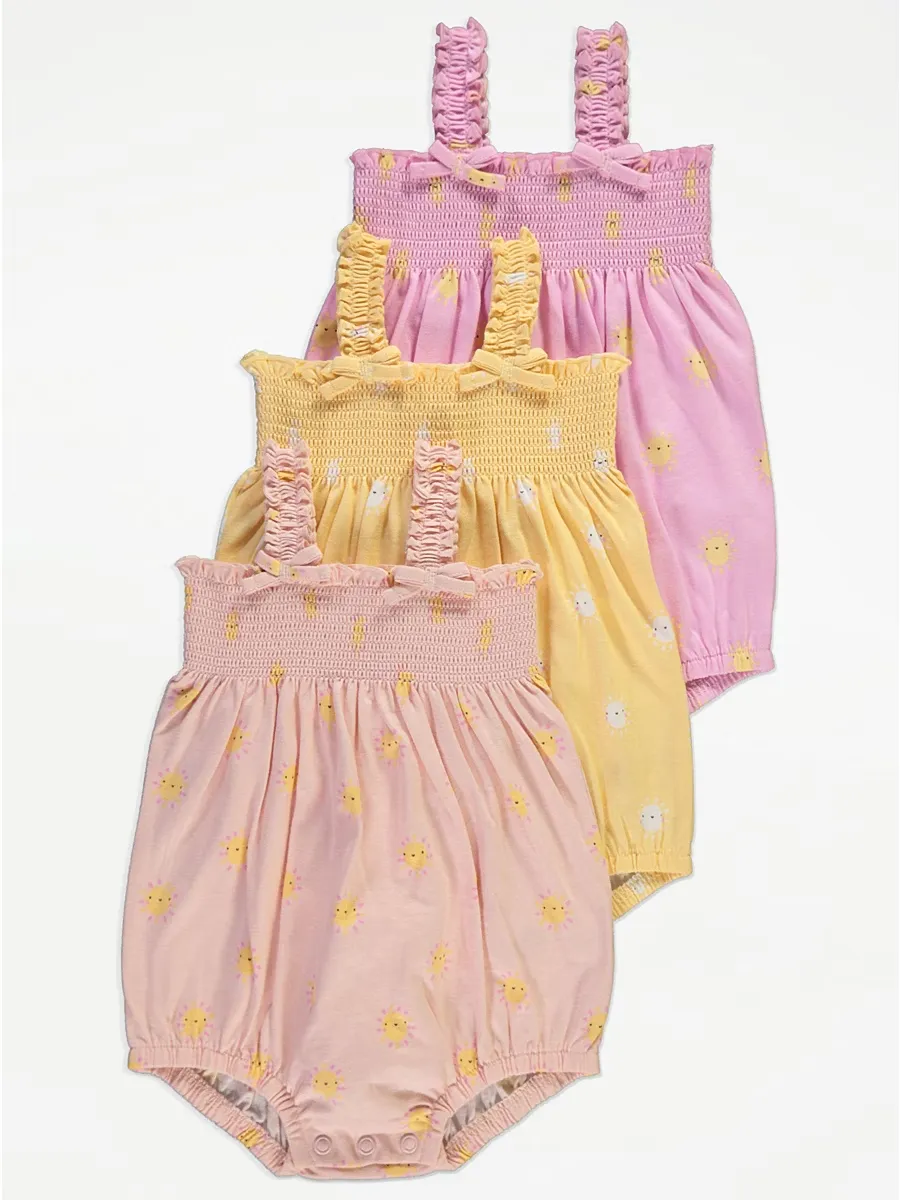 Smiley Sunshine Shirred Strappy Rompers 3 Pack
