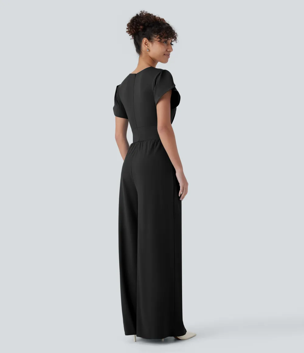 Breezeful V Neck Petal Sleeve Pocket Wide Leg Flowy Quick Dry Work Jumpsuit