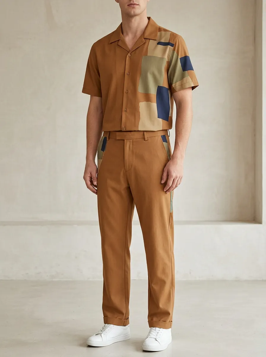 Men's Geometric Patchwork Printed Casual Set