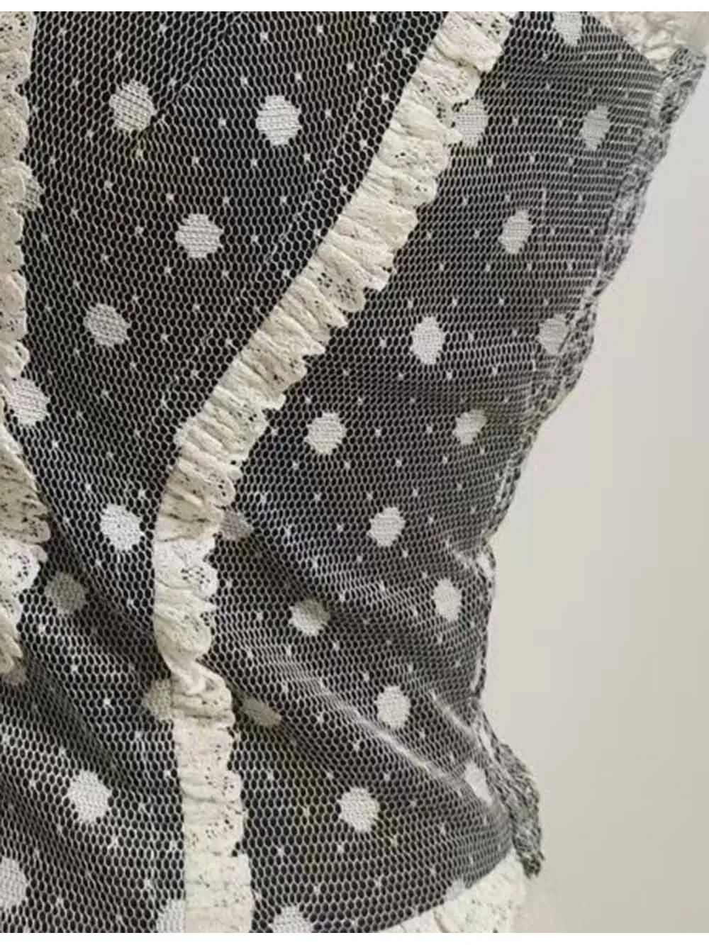 Polka Dot Mesh Corset Square Neck Ruffle Trim Cami Top