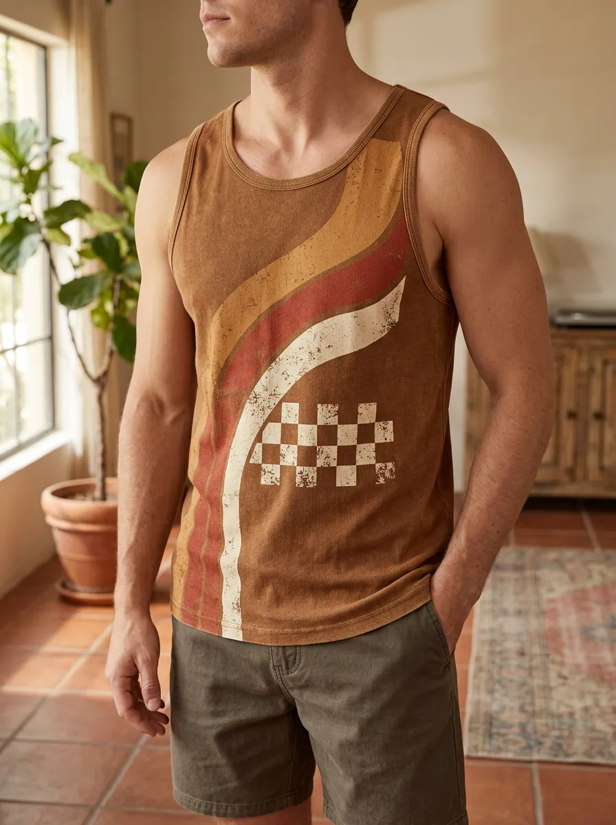 Men's Vintage Retro Stripe Checkered Tank Top