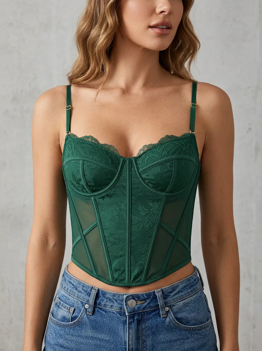 Floral-Lace Sheer-Panel Sweetheart-Neck Women's Corset Top