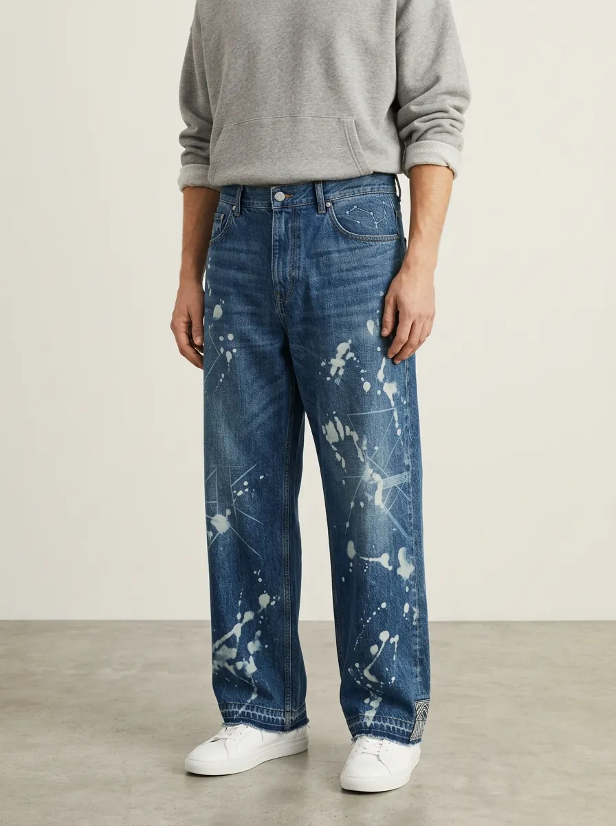 Men's Streetwear Paint Splatter Geometric Printed Wide Leg Jeans