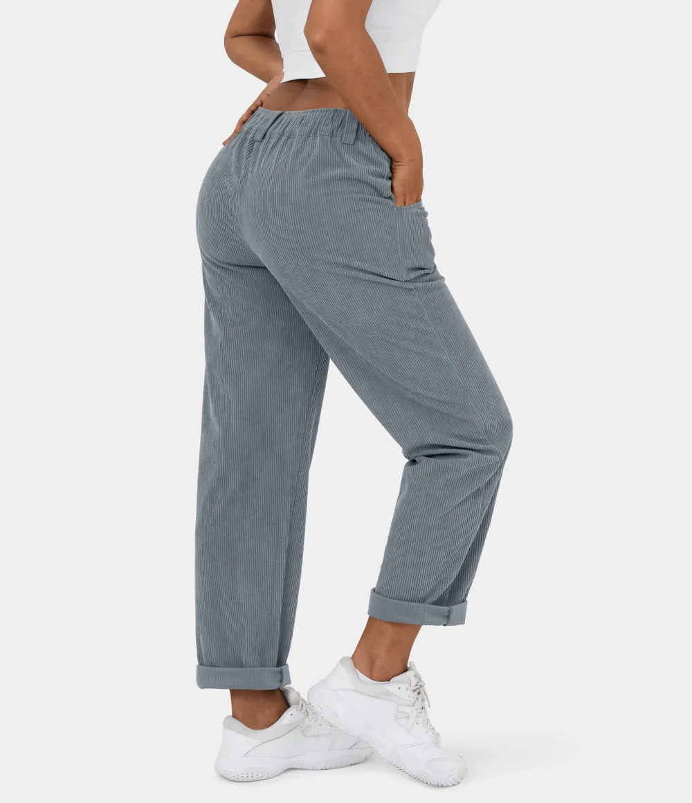 Mid Rise Button Zipper Side Pocket Corduroy Casual Pants