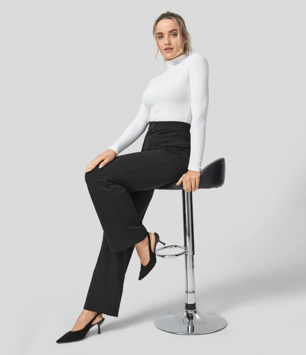 High Waisted Button Multiple Pockets Straight Leg Casual Pants