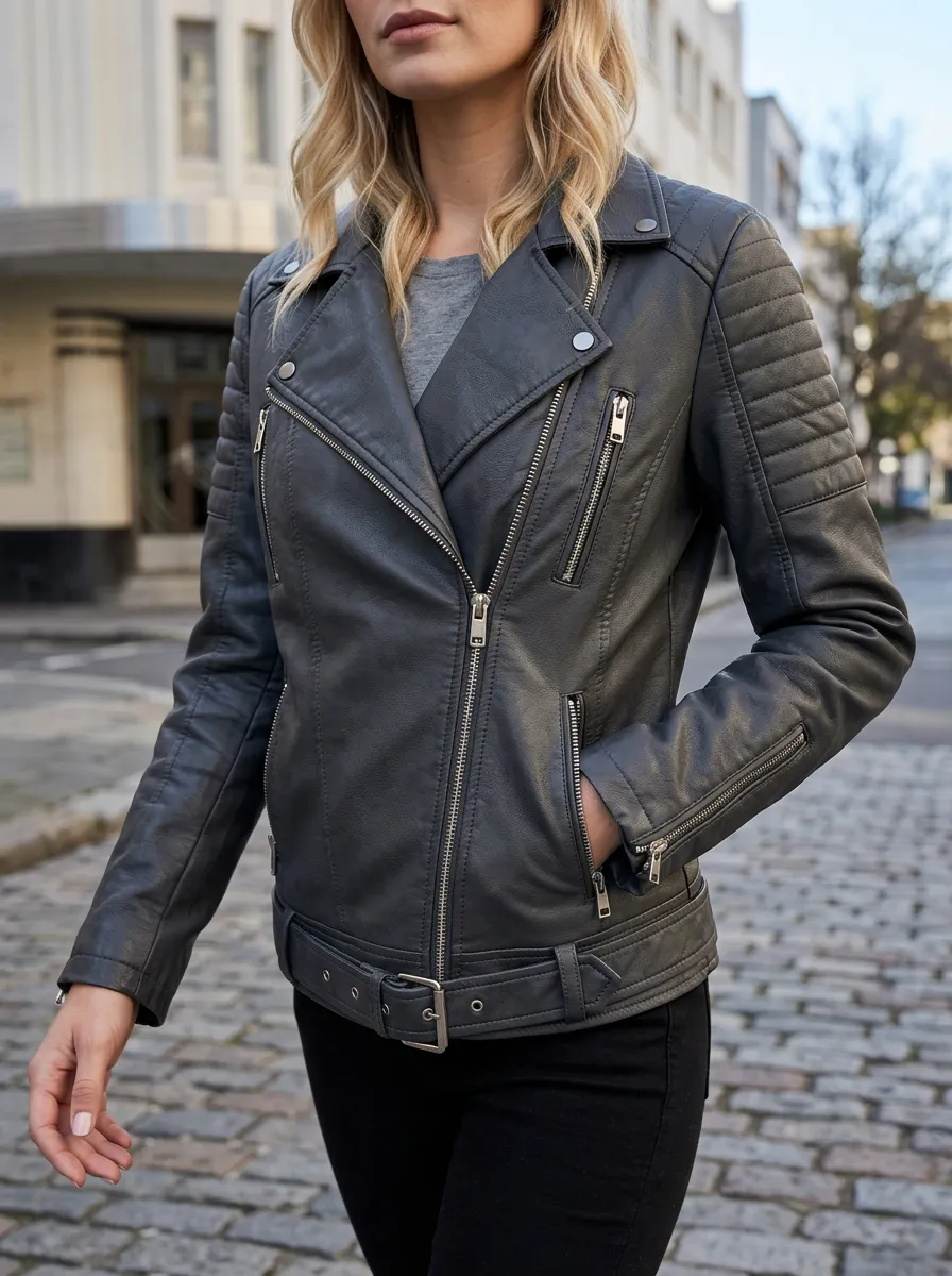 Women's Biker Grey Faux Leather Zippered Jacket