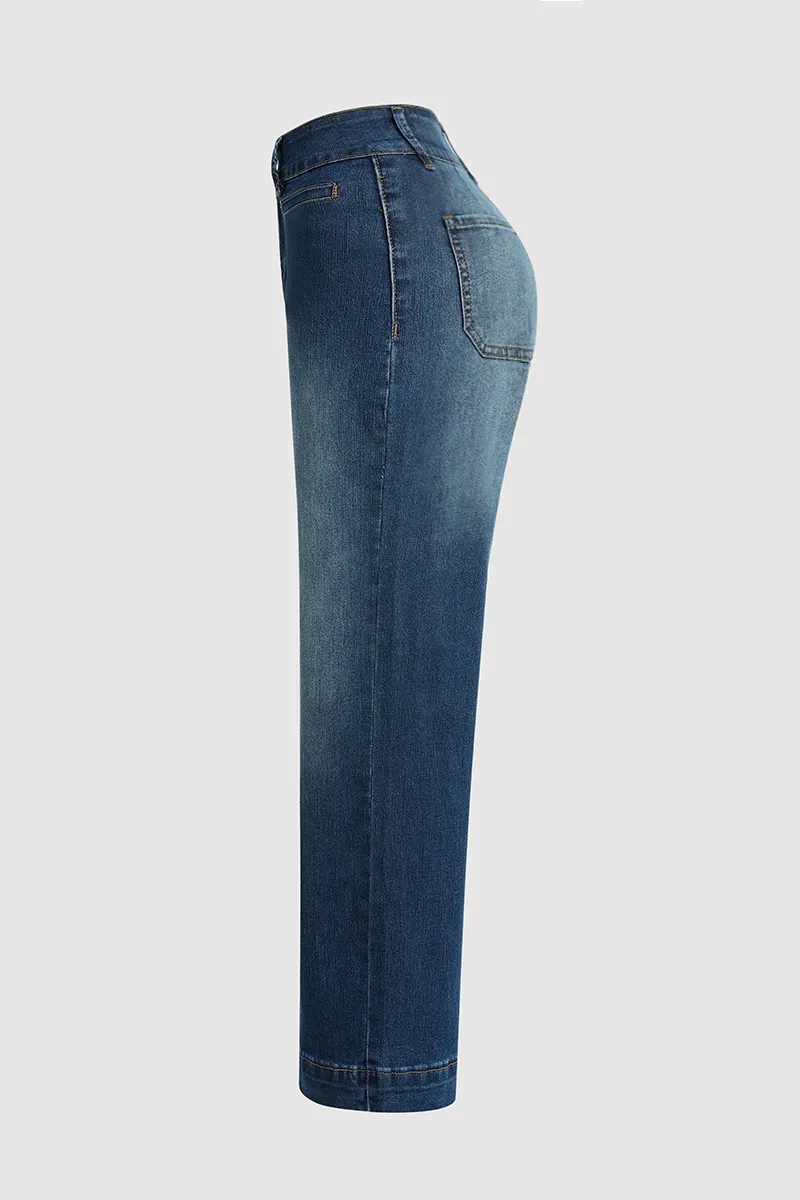 Pocket Detail Wide Leg Mid Waist Jeans Without Belt