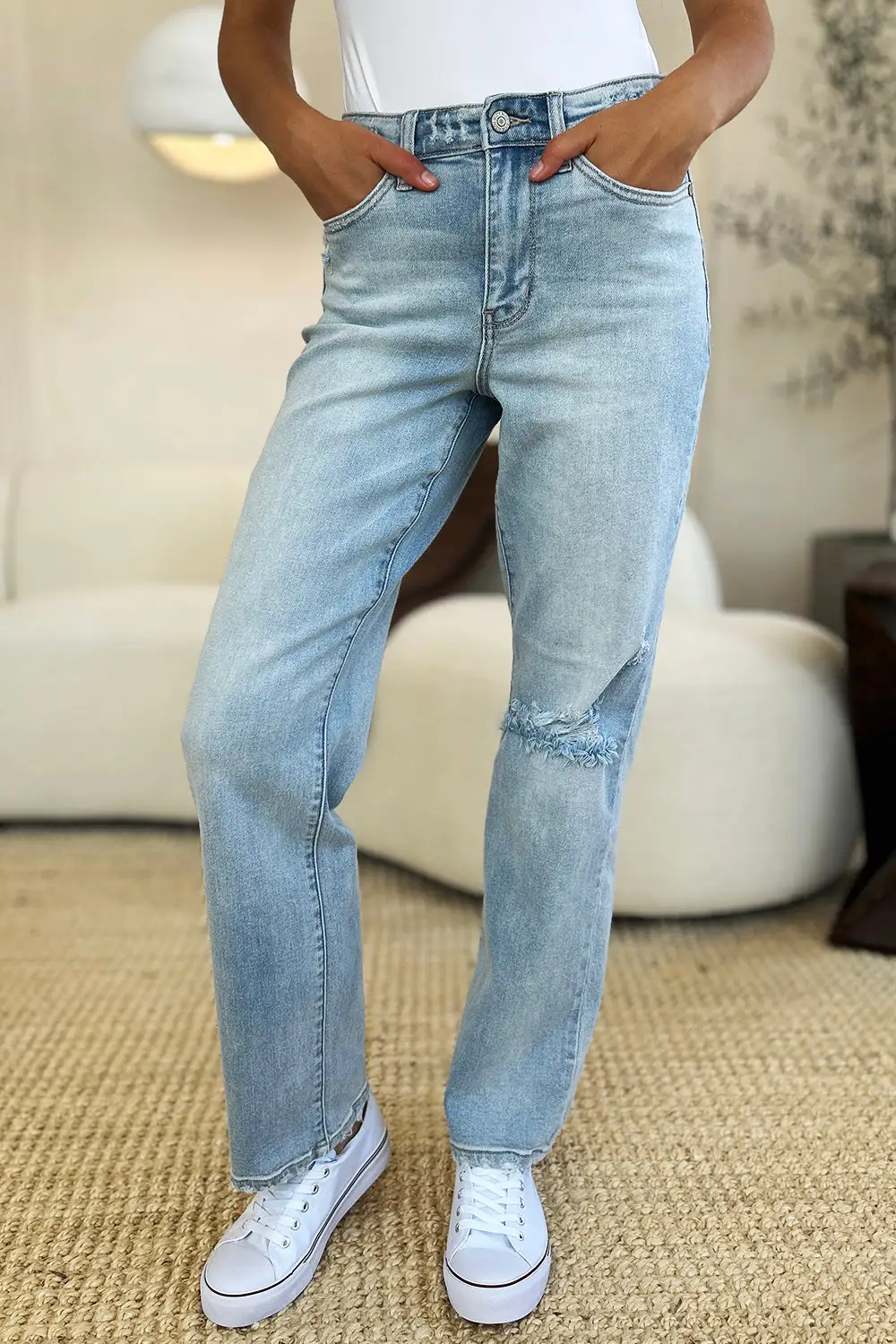 High Waist Distressed Straight Denim Jeans