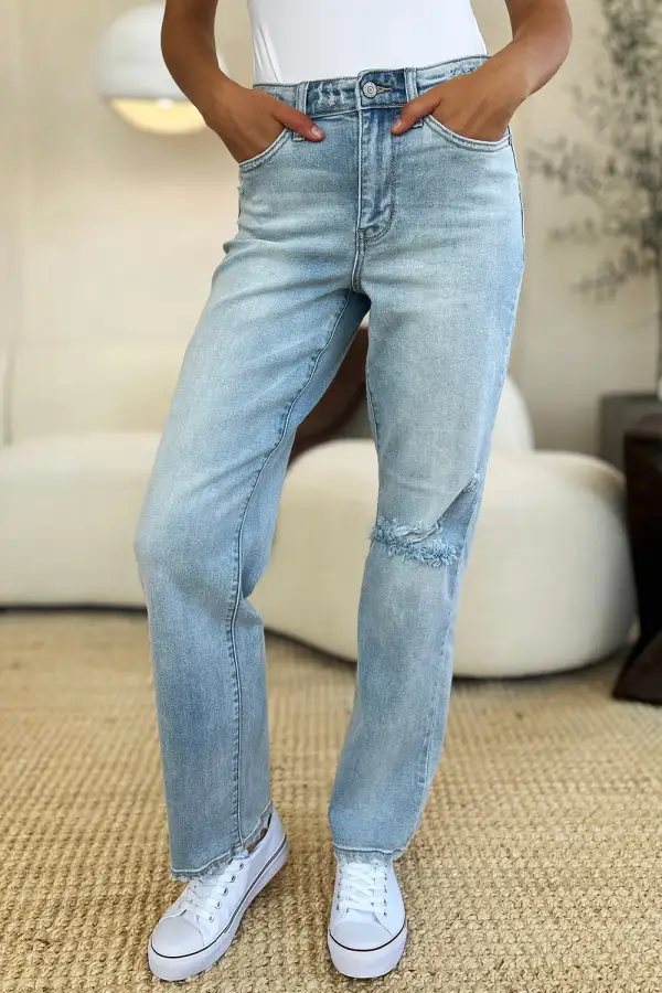 High Waist Distressed Straight Denim Jeans