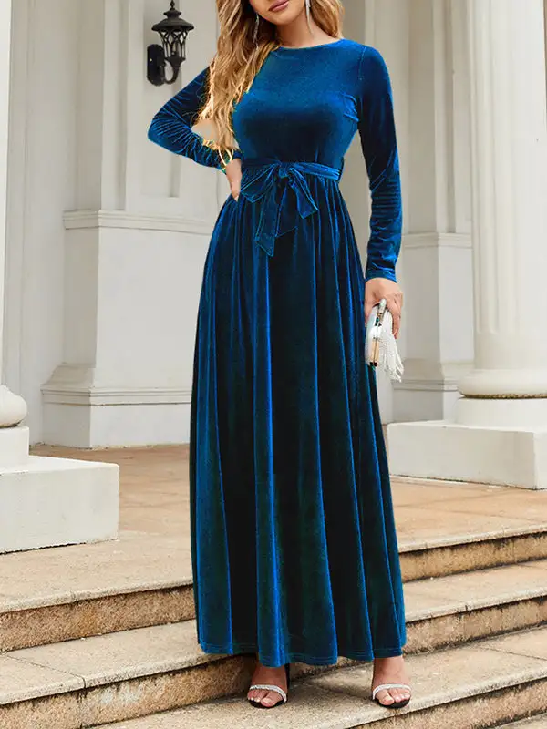 Pleated Wrap Belted Long Neck Maxi Dress