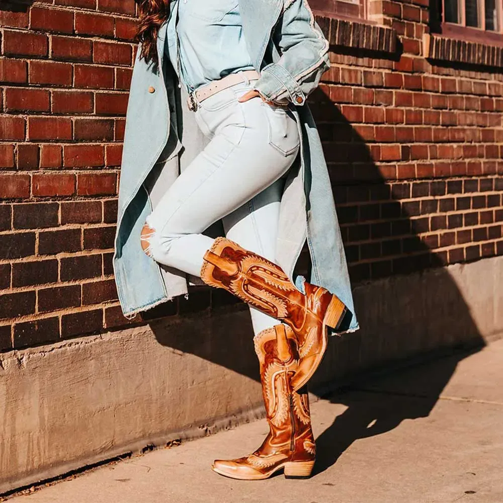 Faux-Leather Distressed Zip-Up Patchwork Mid-Calf Boots