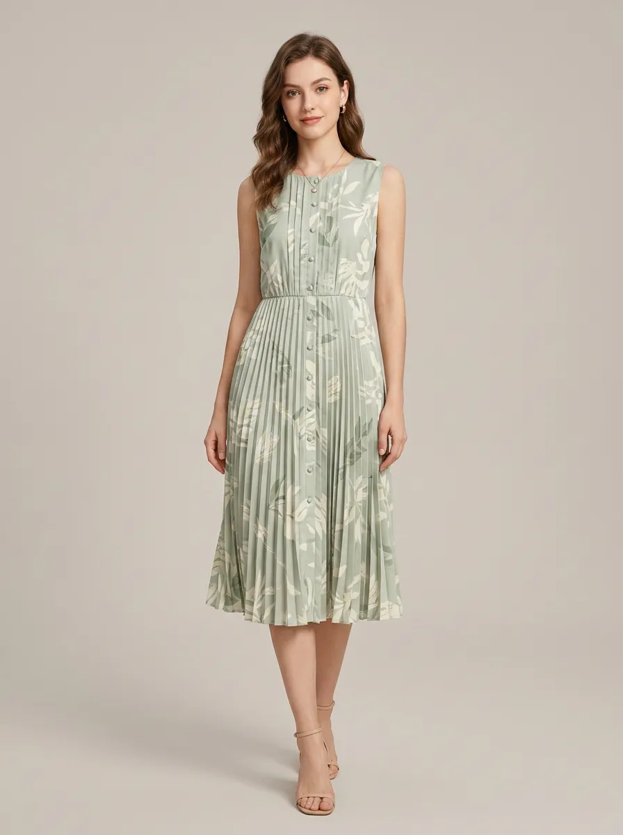 Women's Botanical Floral Pleated Printed Dress