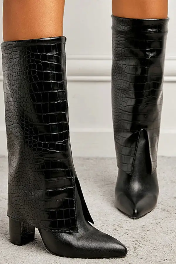 Stone Pattern Layered Design Pointed-Toe Boots