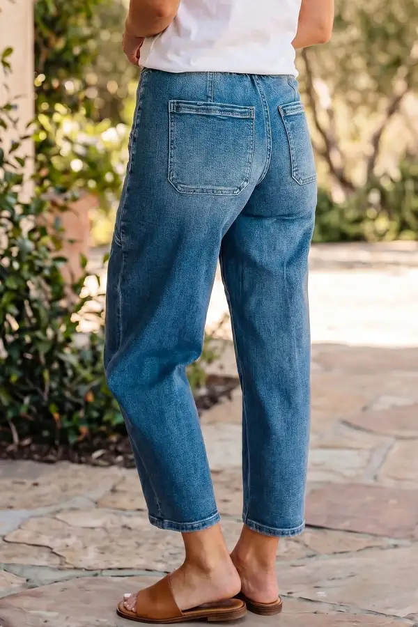 Women's Regular Fit Denim Pants With Drawstring Waist And Pockets
