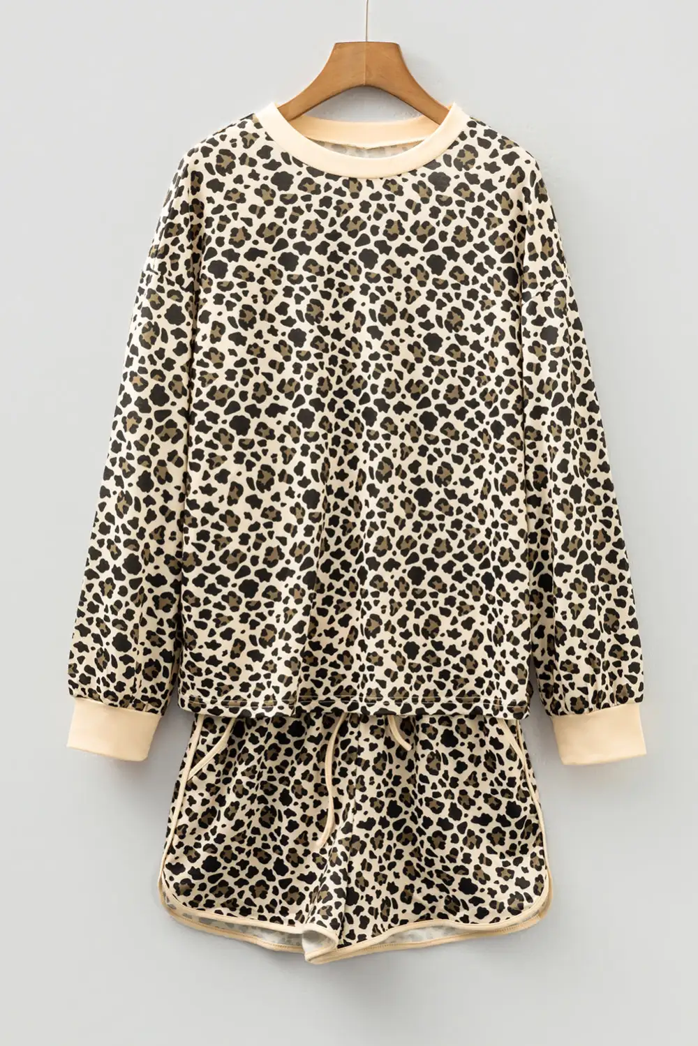 Women's Leopard Print Contrast Trim Long Sleeve Pullover Drawstring Shorts Two Piece Outfit
