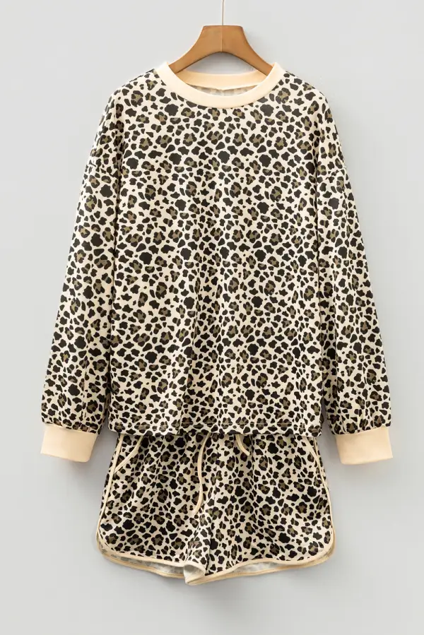 Women's Leopard Print Contrast Trim Long Sleeve Pullover Drawstring Shorts Two Piece Outfit