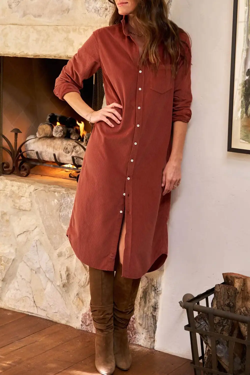 Women's Corduroy Long Sleeve Midi Dress