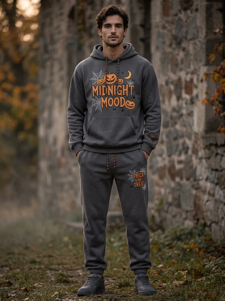 Men's Halloween Midnight Mood Pumpkin Spiderweb Printed Jogger Set