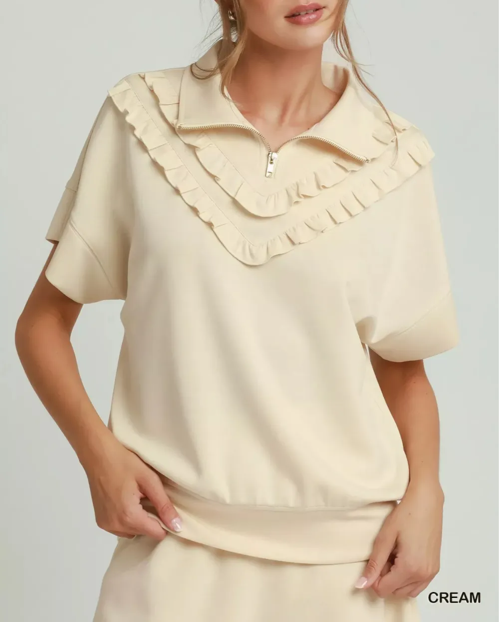 Ruffle Quarter-Zip Short Sleeve Top
