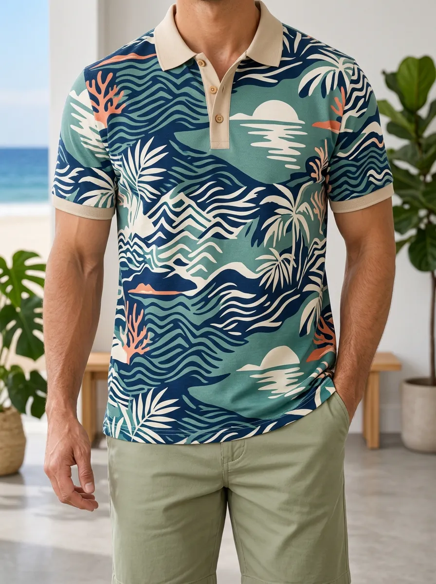 Men's Tropical Beach Sunset Palm Printed Polo Shirt