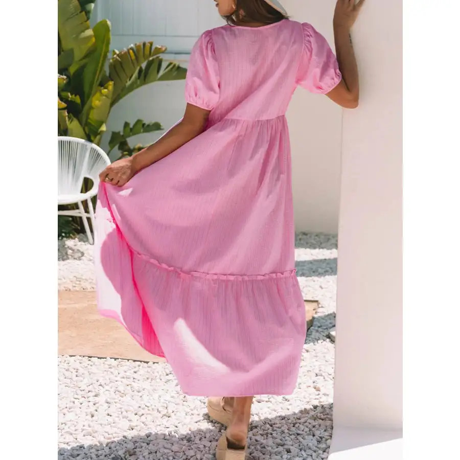 Striped Puff Sleeve V Neck Maxi Dress