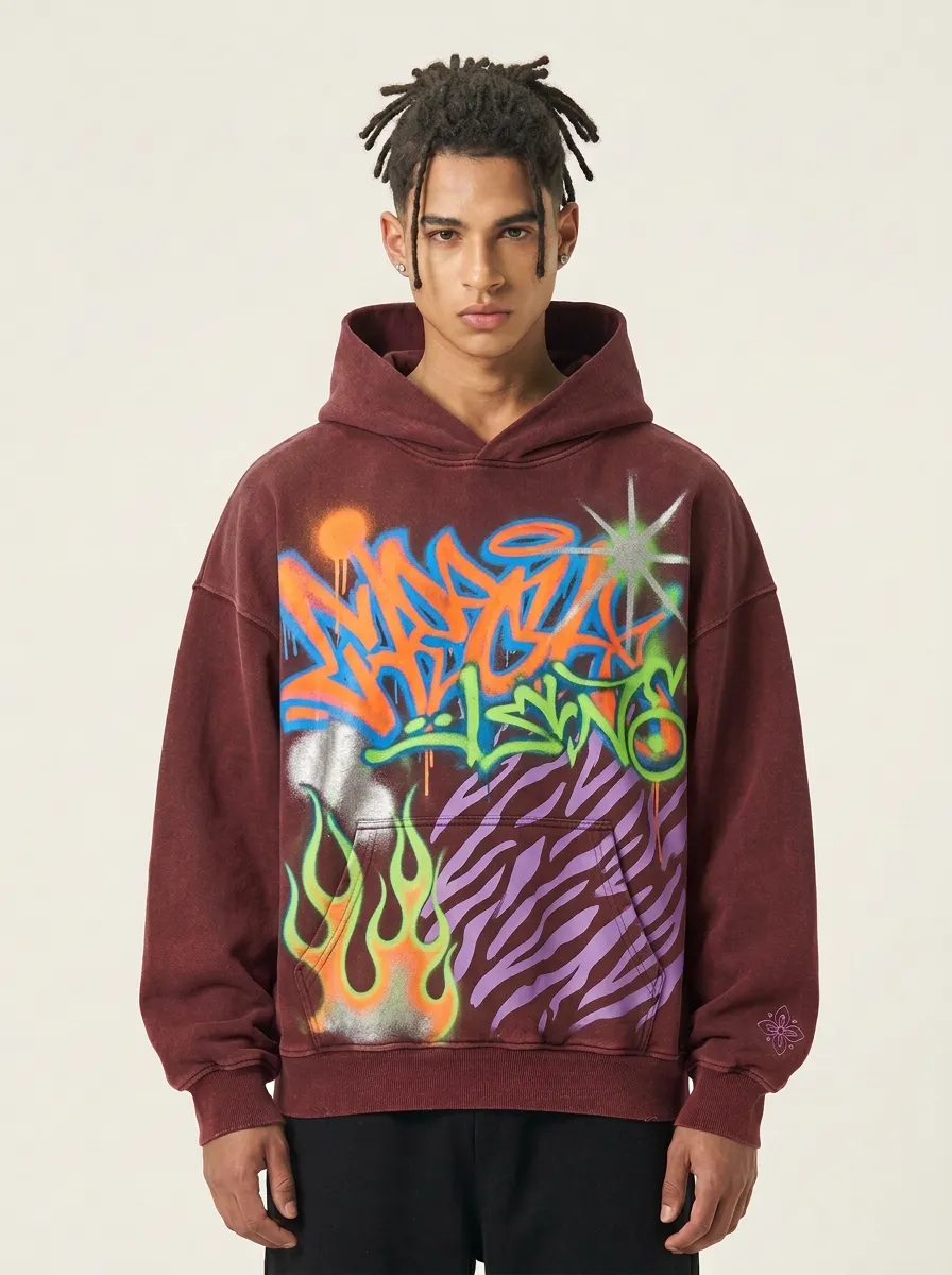Unisex Streetwear Graffiti Flame Zebra Art Print Hoodie
