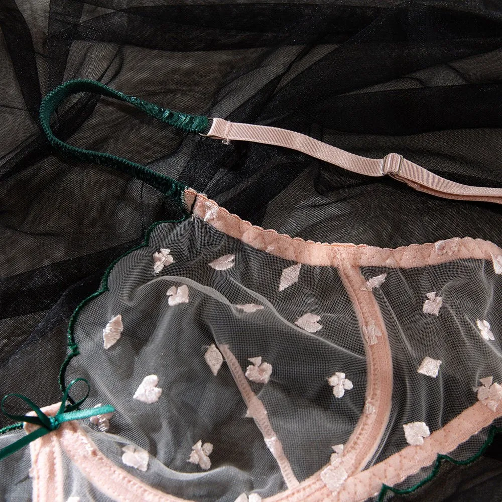 Card Pattern Sheer Lace Underwire Bra Set