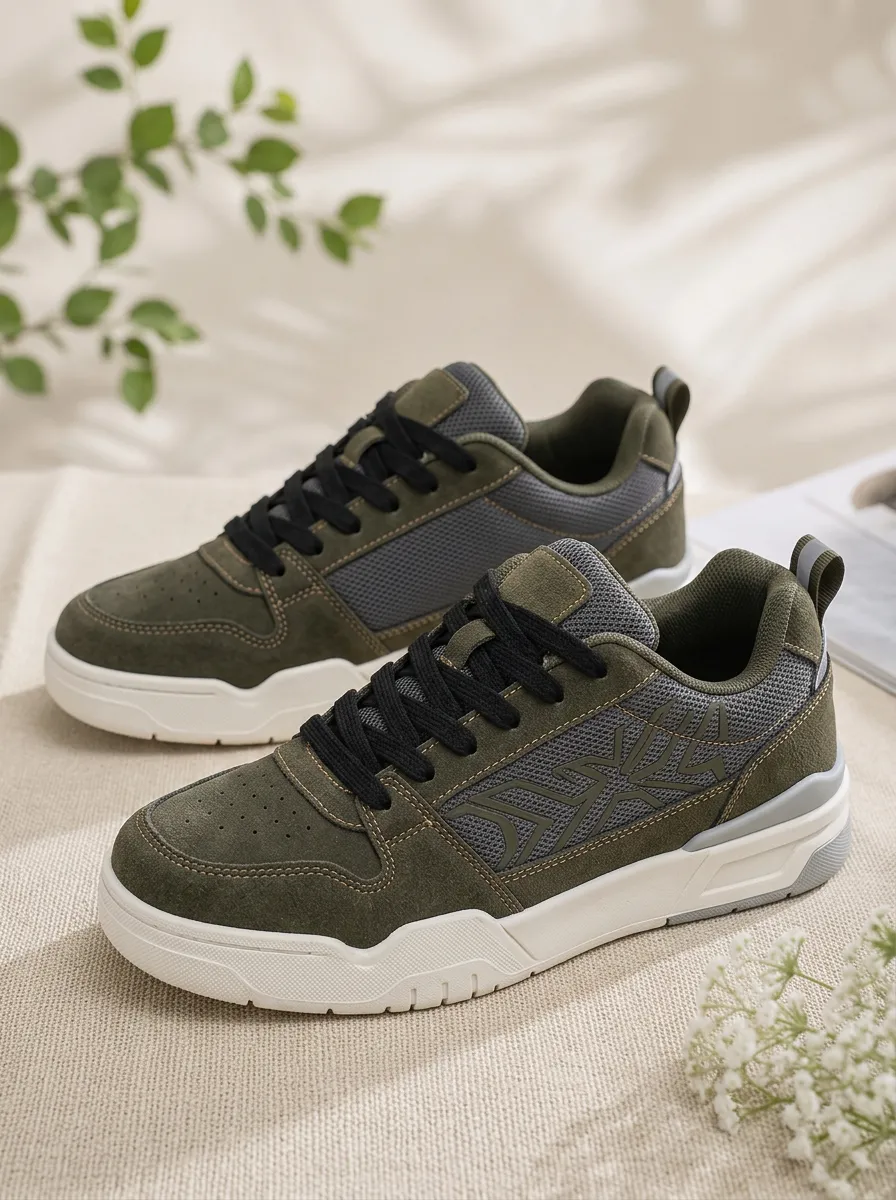Men's Olive Green Geometric Pattern Suede Mesh Printed Sneakers
