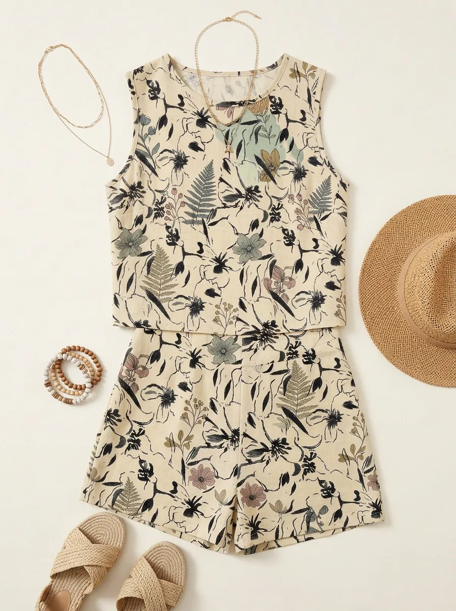 Women's Botanical Floral Fern Printed Sleeveless Shorts Set