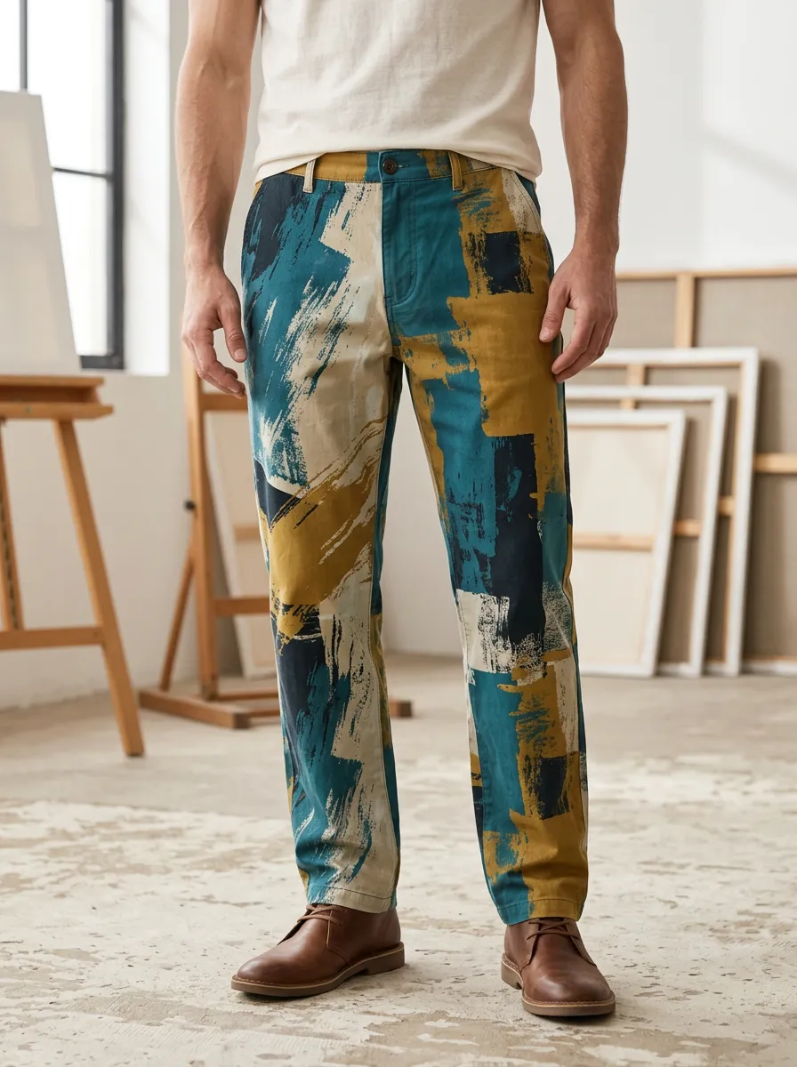 Men's Belted Abstract Print Straight-Leg Trousers