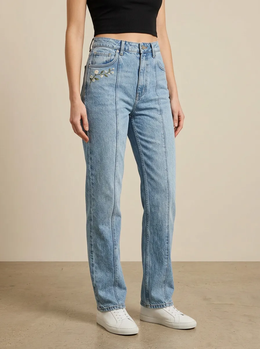 Women's Small Floral Embroidered Front-Seam High-Rise Straight-Leg Jeans