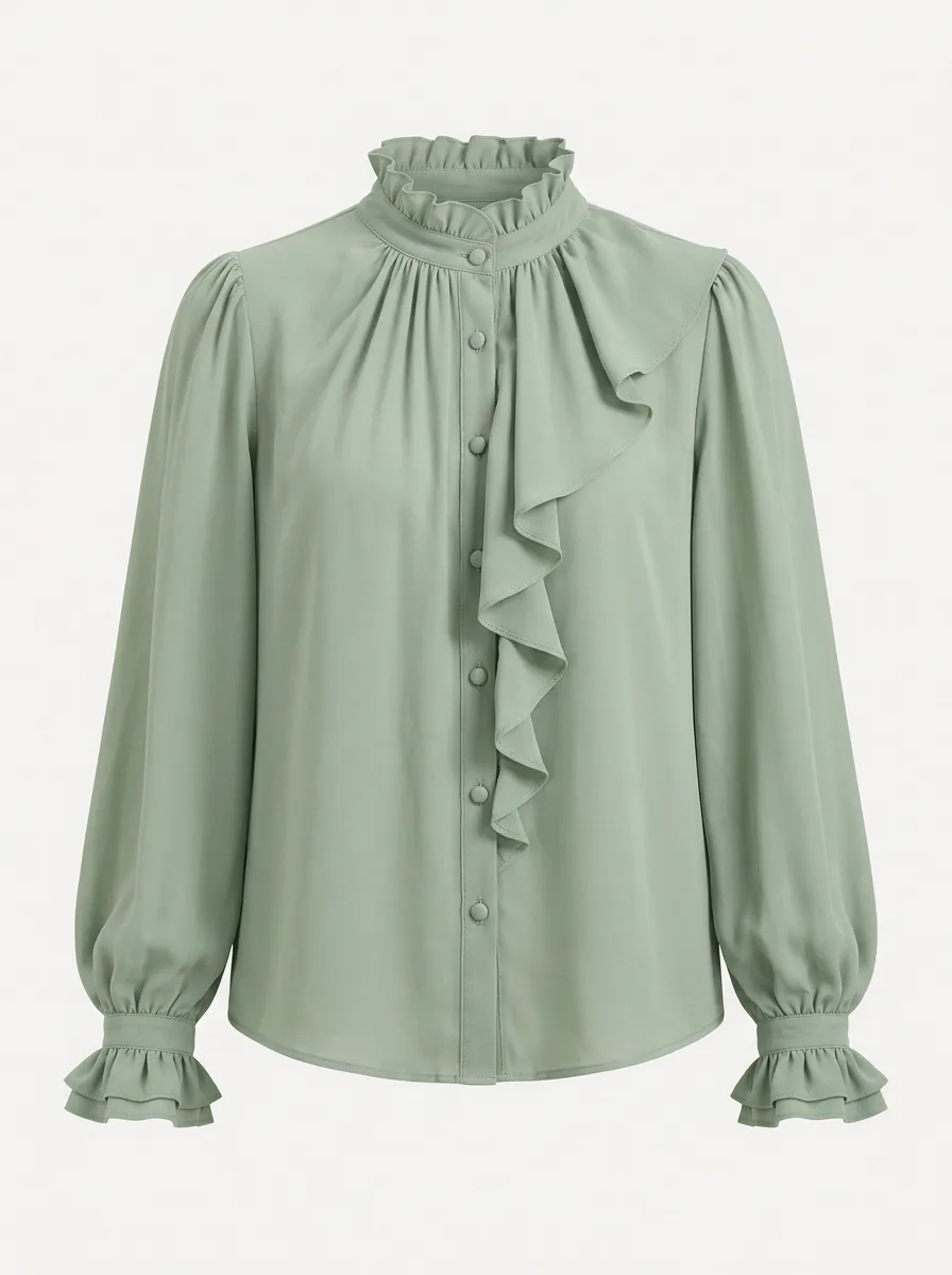 Women's Long Sleeve Blouse Sage Green Ruffle Stand Collar
