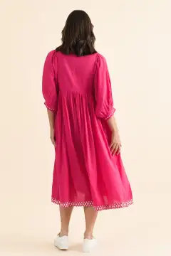 Below-Knee Cotton Pocket Embroidered V-Neck Half-Sleeve A-Line Dress