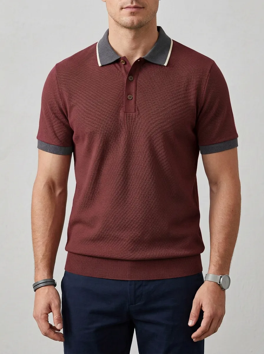 Men's Sage Green Textured Knit Contrast Collar Polo Shirt