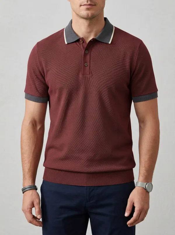 Men's Sage Green Textured Knit Contrast Collar Polo Shirt