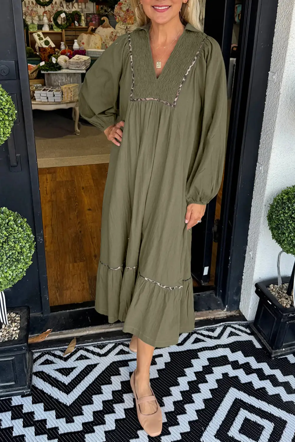 Maxi Four Leaf Clover Collared V Neck Smocked Detail