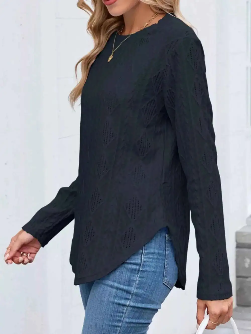 Openwork Textured Long Sleeve Top