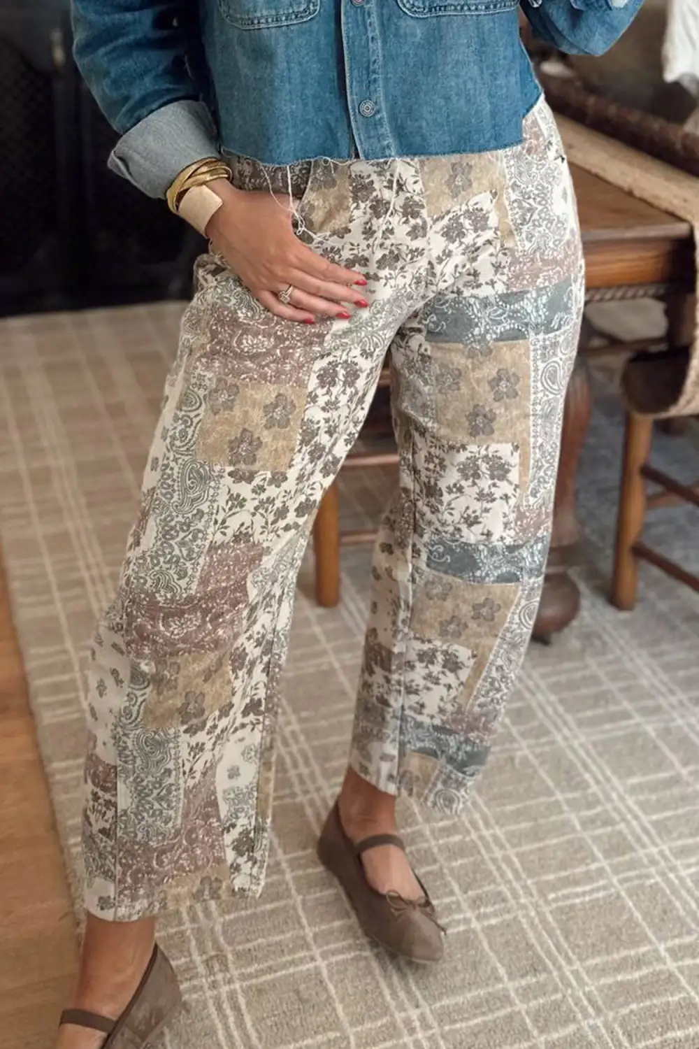Women's Boho Floral Patchwork Western Print Straight Leg Ankle Length Jeans