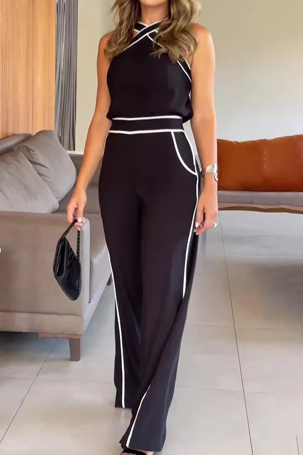Colorblock Cross Halter Sleeveless Pant Set